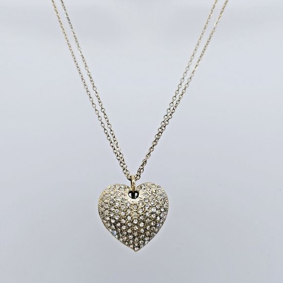 Puffy Pave Heart Necklace Gold Tone Rhinestone Double Chain Feminine Romantic - Picture 2 of 13